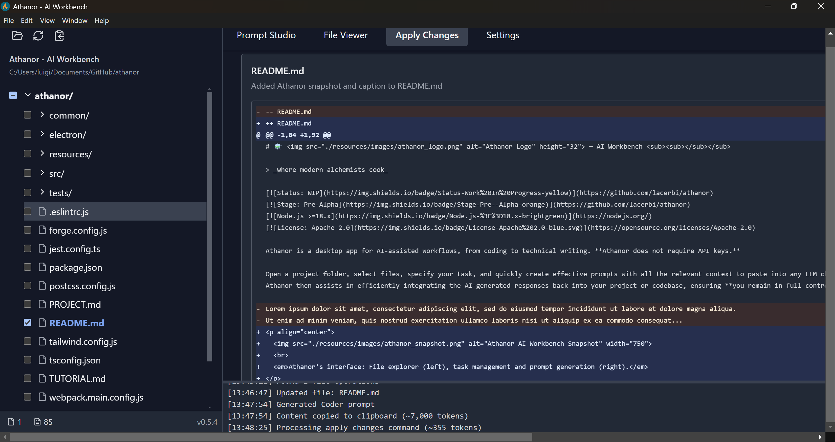 Athanor Apply Changes: Review and accept/reject diffs generated using any AI chat assistant